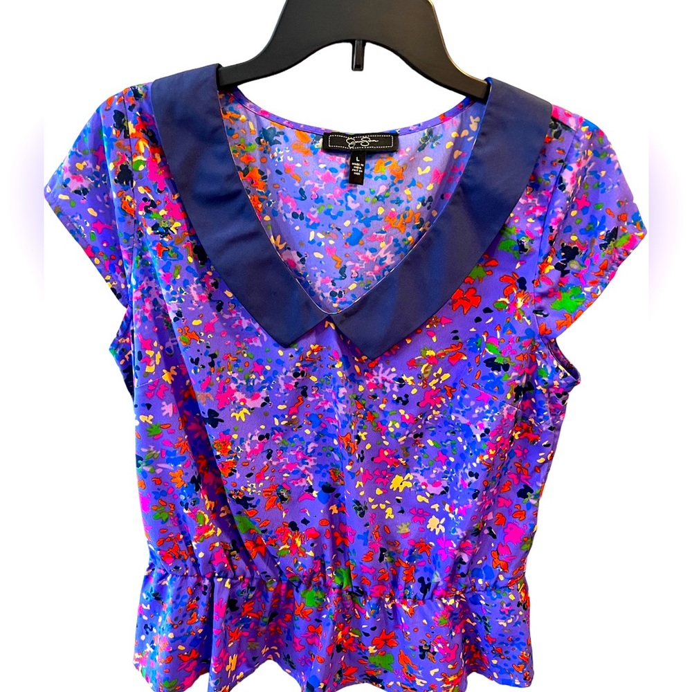 Jessica Simpson Vivid Purple/Navy/Orange/Fuchsia/Gold/Green Floral Top. Large.